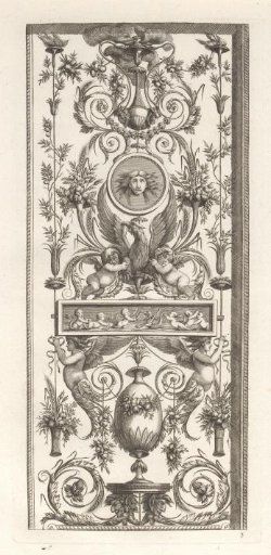 Ornament with putti holding an eagle and young mermaids with a sea monster