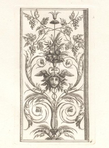 Ornament with a mask, caduceus, and grapevines