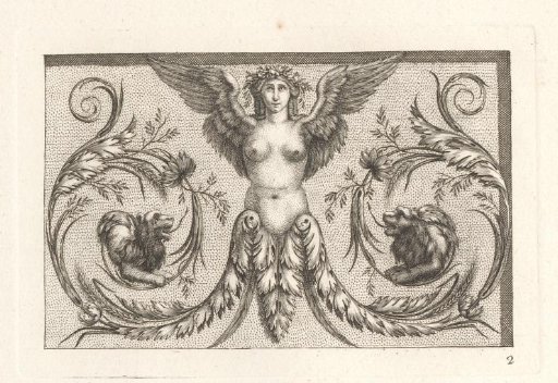 Ornament with two lions on either side of a winged female figure