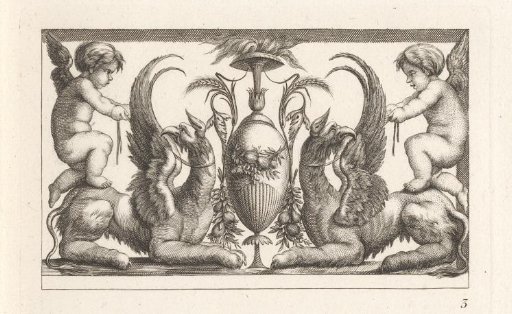 Ornament with putti on the backs of griffins on either side of a vase