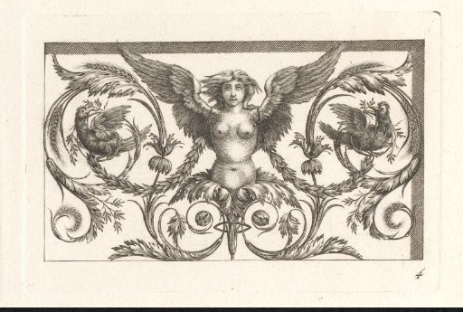 Ornament with roosters on either side of a winged female figure