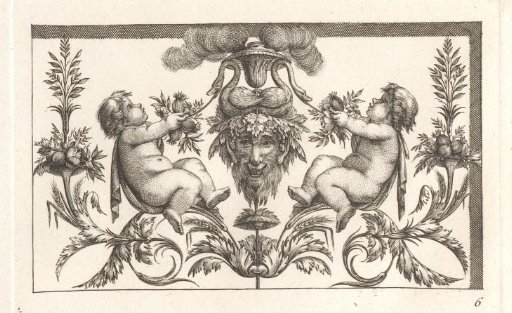 Ornament with putti on either side of a mask with an incense burner on top