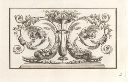 Arabesque with dolphins on either side of a vase