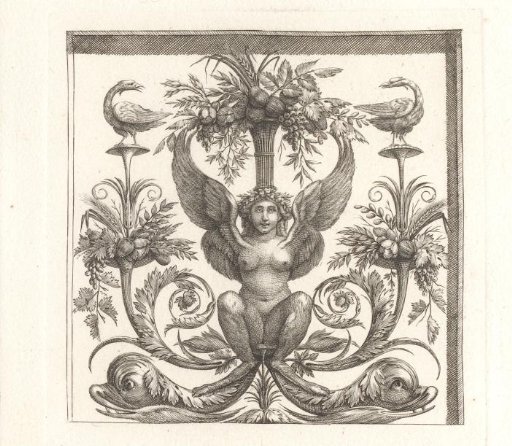 Ornament with a dolphin and a bird on either side of a winged female figure under a vase
