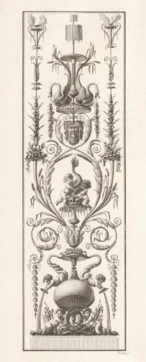 Ornament with putti, a fountain, swans, a mask, and arabesques