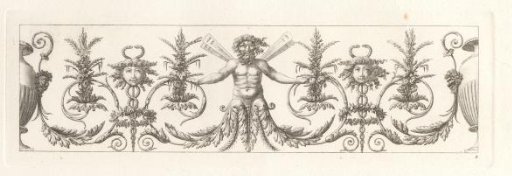 Ornament with a caduceus on either side of a mythological figure