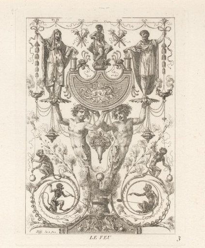 Ornament with fire-stoking apes, a man and woman with burnt offerings at an altar, and a dragon