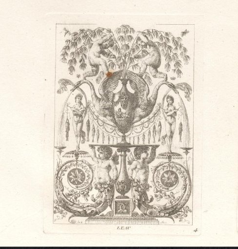 Arabesque with swans, two women holding a ribbon with a fish, and a vase with a river god