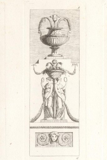 Arabesque with fountain and two women holding a floral wreath