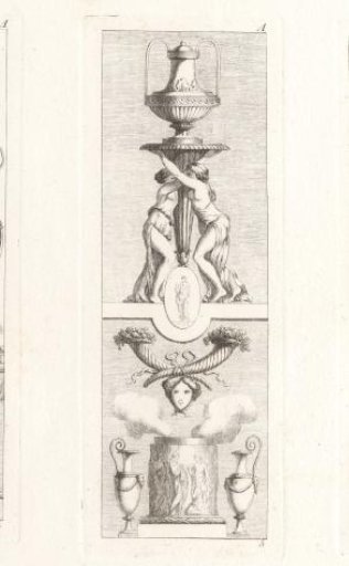 Ornament with a mask above a smoking altar beneath two crossed cornucopias