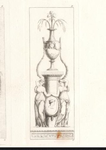 Ornamental vase with garlands on a pedestal with two female figures