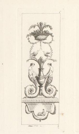 Ornament with vase and flower basket, birds and two female figures