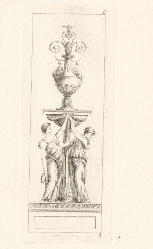 Ornament with ornamental vase on a pedestal with two female figures