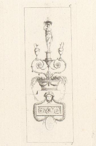 Ornament with a statue of a woman above a basket of flowers