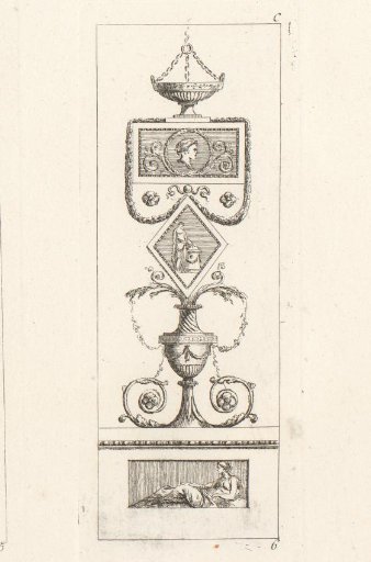 Ornament with a vase, a hanging basket and female figures