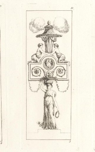 Ornament with female figure carrying a basket on her head and above her two women at a smoking censer