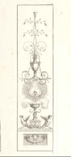 Ornament with a smoking altar with two harpies under a lyre and a vase