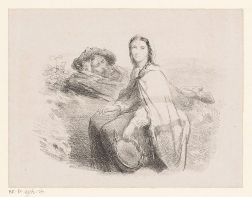 Reclining man and woman with tambourine