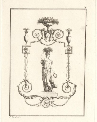 Ornament with a woman carrying a basket on her head and a flower wreath in her hand