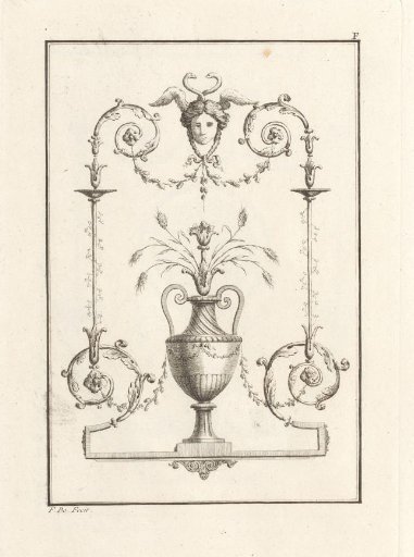 Ornament with a vase within a decorative border featuring a mask