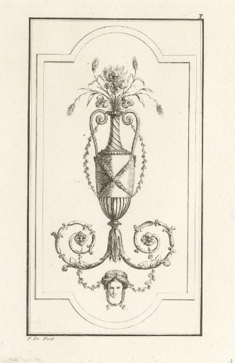 Ornament with a tall vase of grain above a female mask