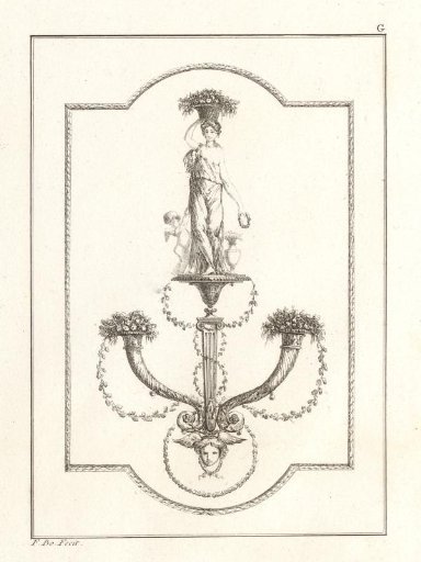 Ornament with a woman on a pedestal above a cornucopia and a mask