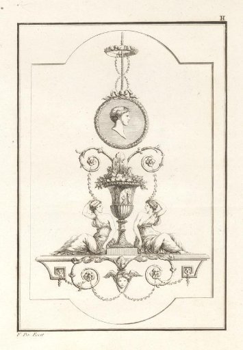 Ornament with two seated female figures at a vase below a medallion with a male portrait
