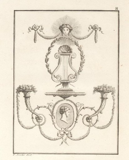 Ornament with a lyre in a laurel wreath and a cornucopia on either side of a medallion with a portrait
