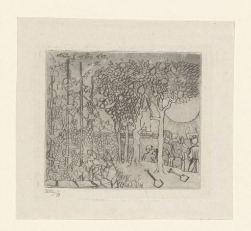 Fruit trees, grapevines and a group of praying figures