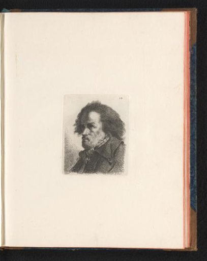 Head of a man with long hair in a coat facing left
