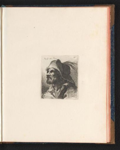 Head of a bearded man with a feathered hat