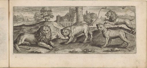 Lions and leopard in a landscape