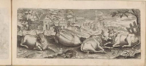 Four lying oxen in a landscape