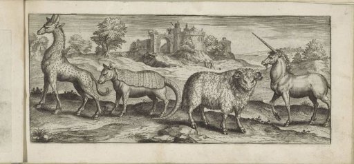 Giraffe, Armadillo, Ram, and Unicorn in a Landscape