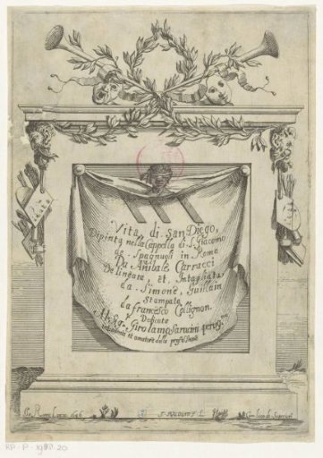 Pedestal with drapery, painter's attributes, and trumpets