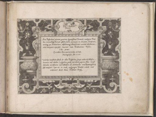 Title in an ornamental frame with a vat on each side, a frog and a bird on the rim