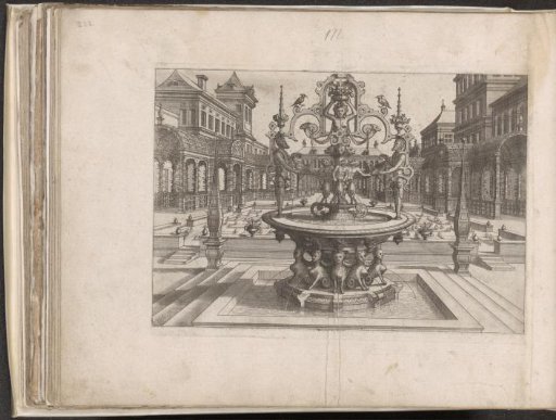 Round fountain supported by sphinxes in a courtyard
