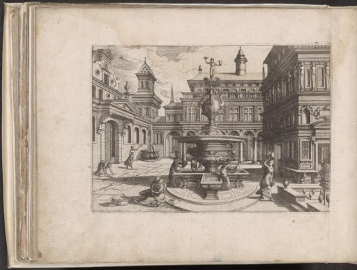 City square with a fountain surrounded by figures