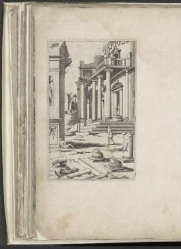 Landscape with fragments of columns and a building with stairs in front