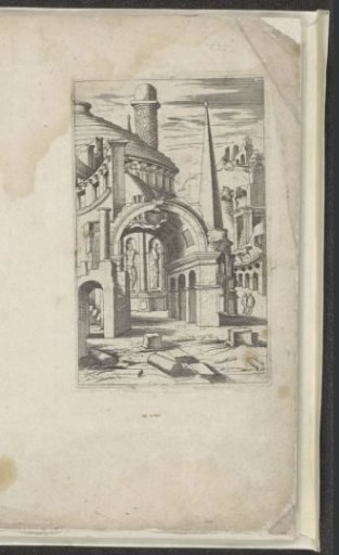 Round building, arch and obelisk