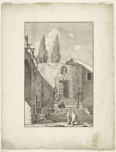 Ruin of a staircase with two Roman statues