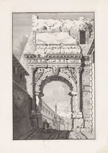 Ruin of a Roman city gate with frieze with figures
