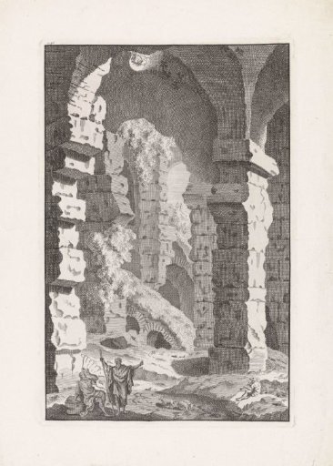 Shepherd playing music among ruins