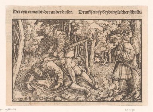 Highwayman murdering a pilgrim while a man looks on to the right