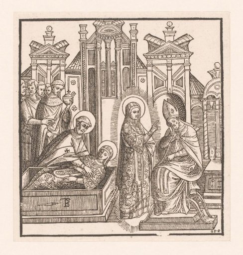Saint comforted, a sitting bishop, and laid in the grave