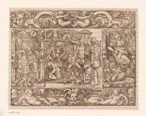 Martyrdom of Saint Lawrence, in a Frame with David and Goliath and Jael and Sisera