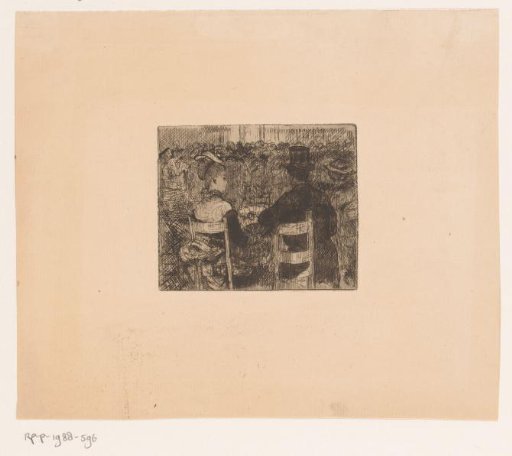 Woman with a fan and a man with a hat seated on a chair in a crowd
