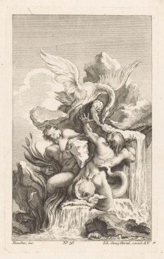 Fountain with swan and men