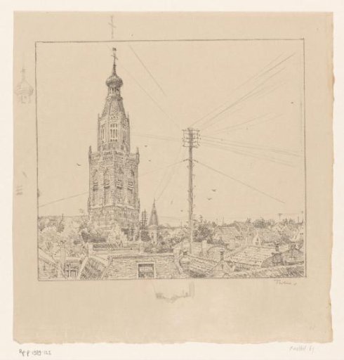 View of Enkhuizen with the tower of the Zuiderkerk and a telephone pole