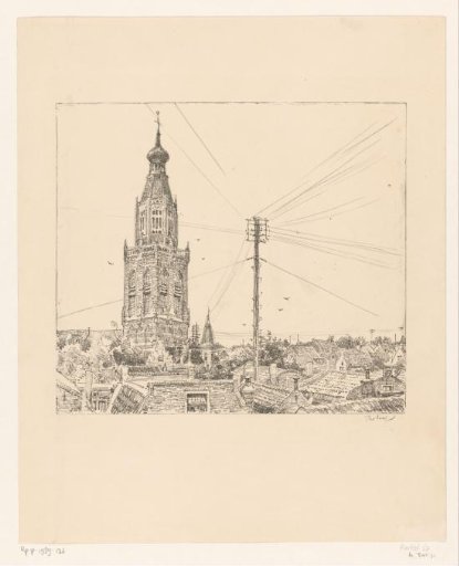 View of Enkhuizen with the tower of the Zuiderkerk and a telephone pole